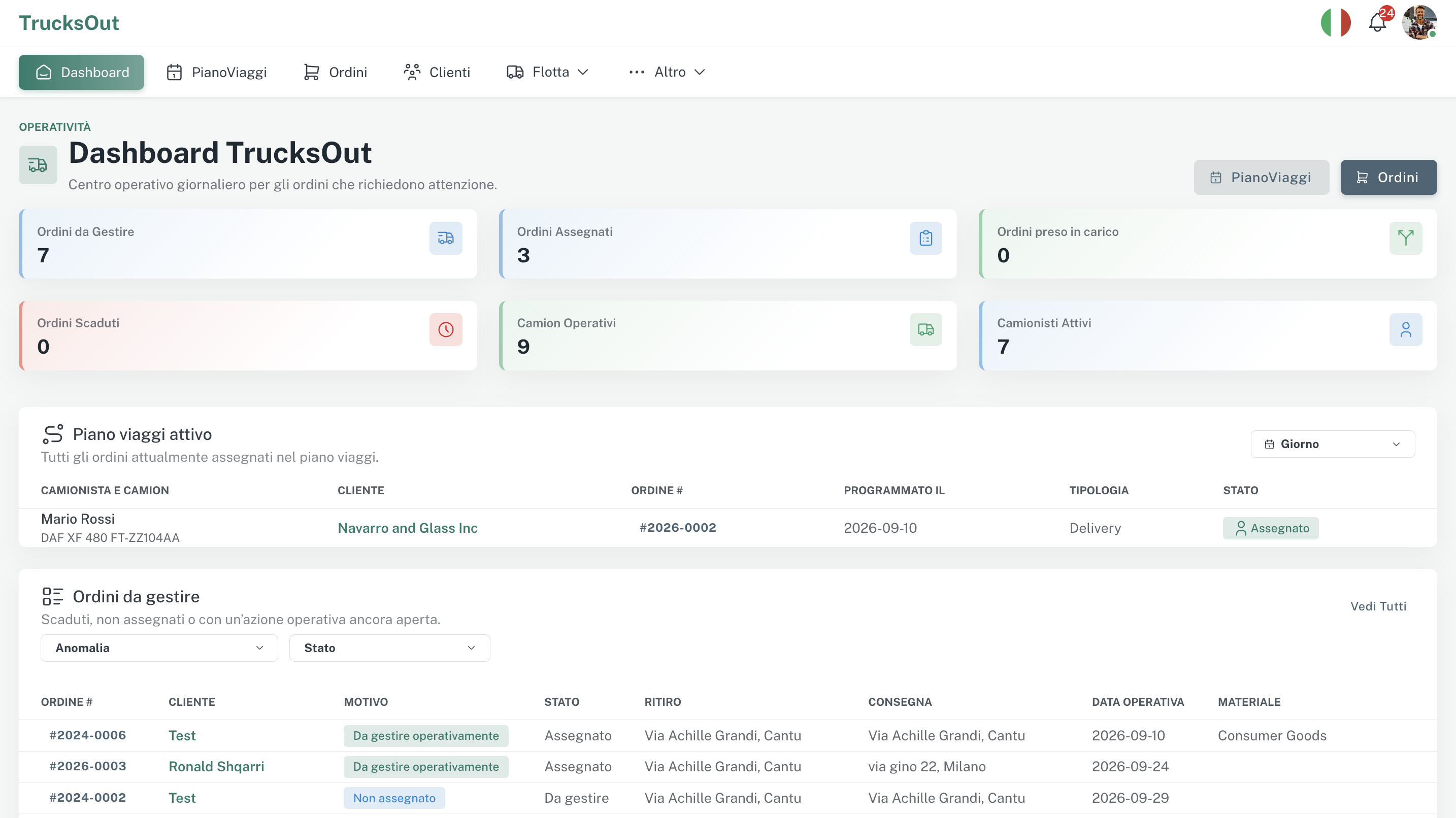 Anteprima dashboard web TrucksOut per pianificazione e gestione operativa