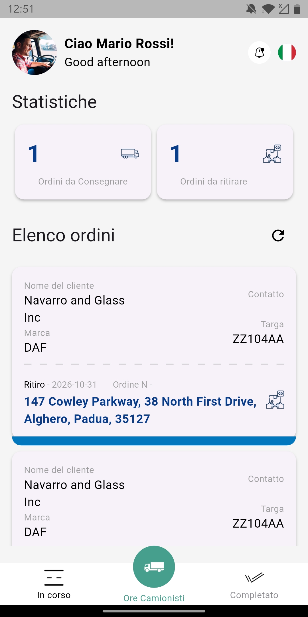 Anteprima app driver TrucksOut con consegne del giorno